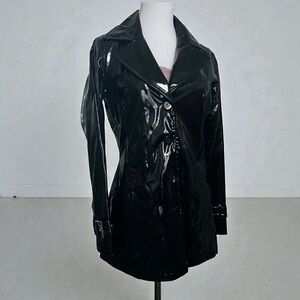 Vintage Y2K Black Wet Look Patent Coat – Futuristic Vinyl Trench